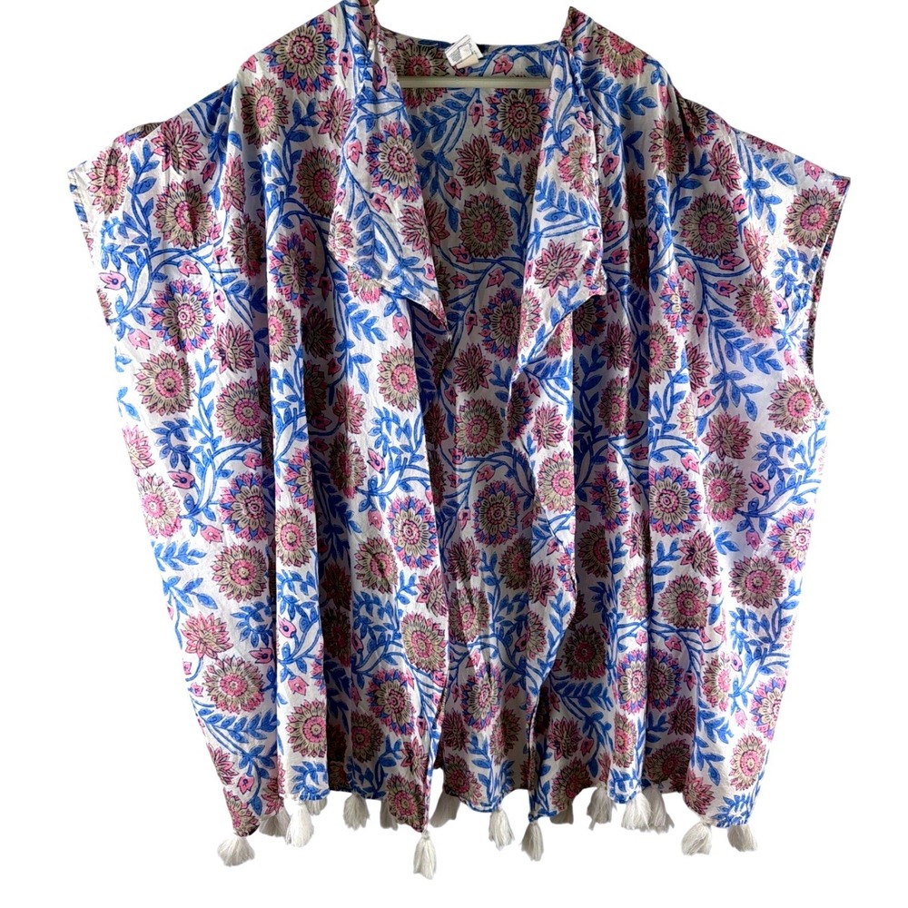 JCrew Floral Block Print Tassel Trim Swim Cover-Up Pink Blue XS/S‎ Kimono Poncho